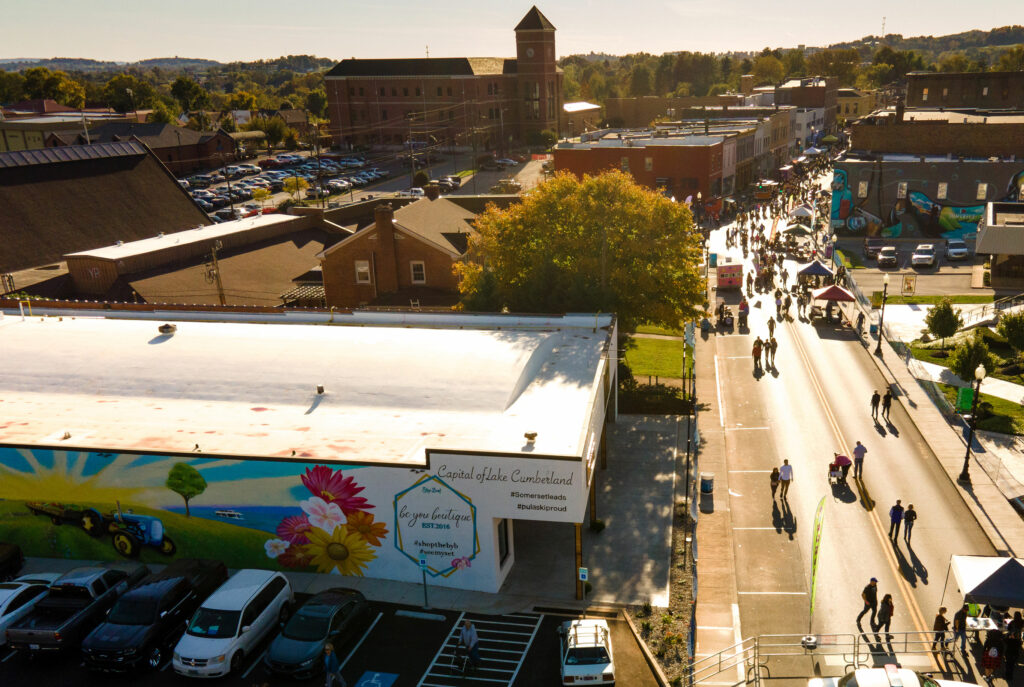 aerial view of downtown Somerset with people walking in streets for festival