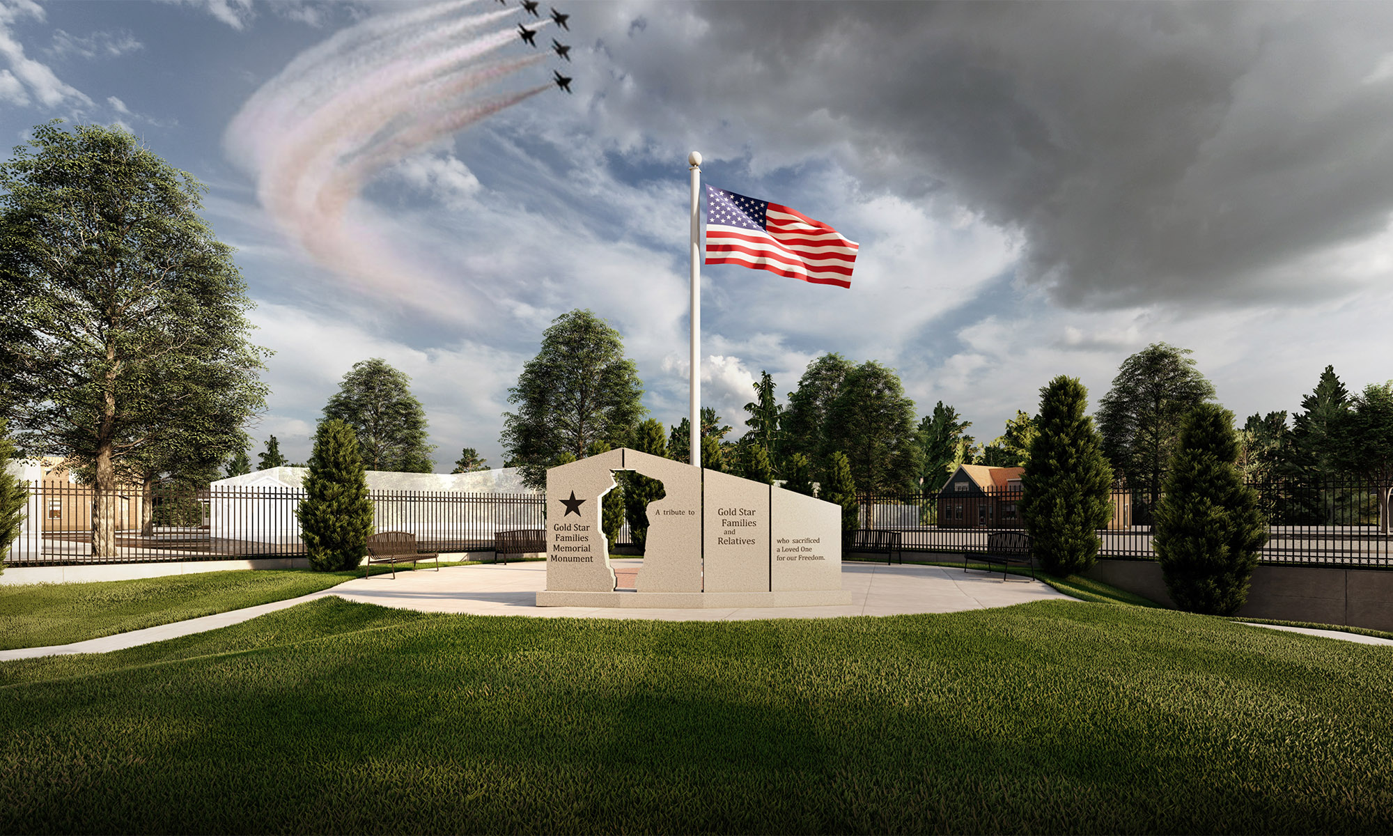 monument in a park with an american flag flying behind it