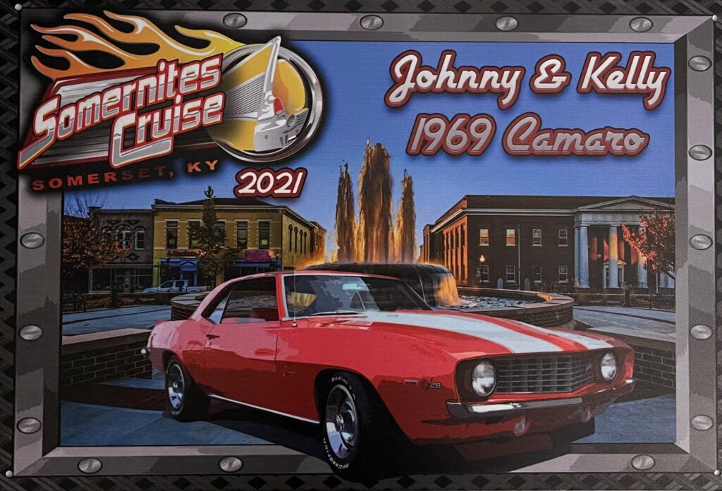 sign with classic car and somernites cruise logo
