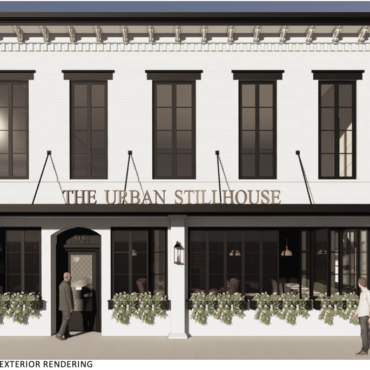 rendering of a restaurant with white brick and black awning