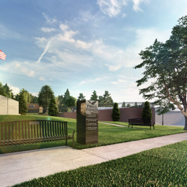 architectural rendering of park with American flag