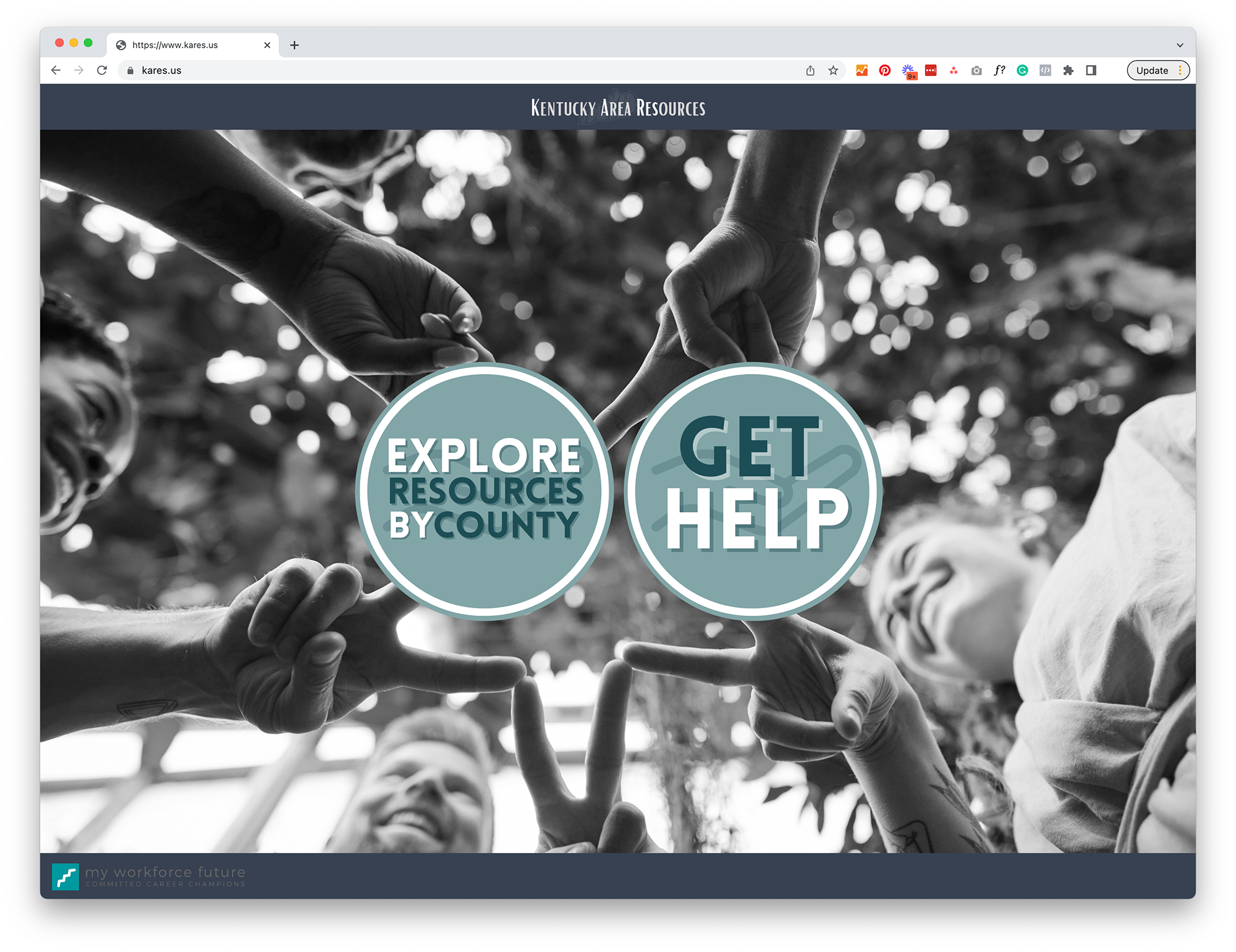screenshot of website with buttons that say explore resources by county and get help