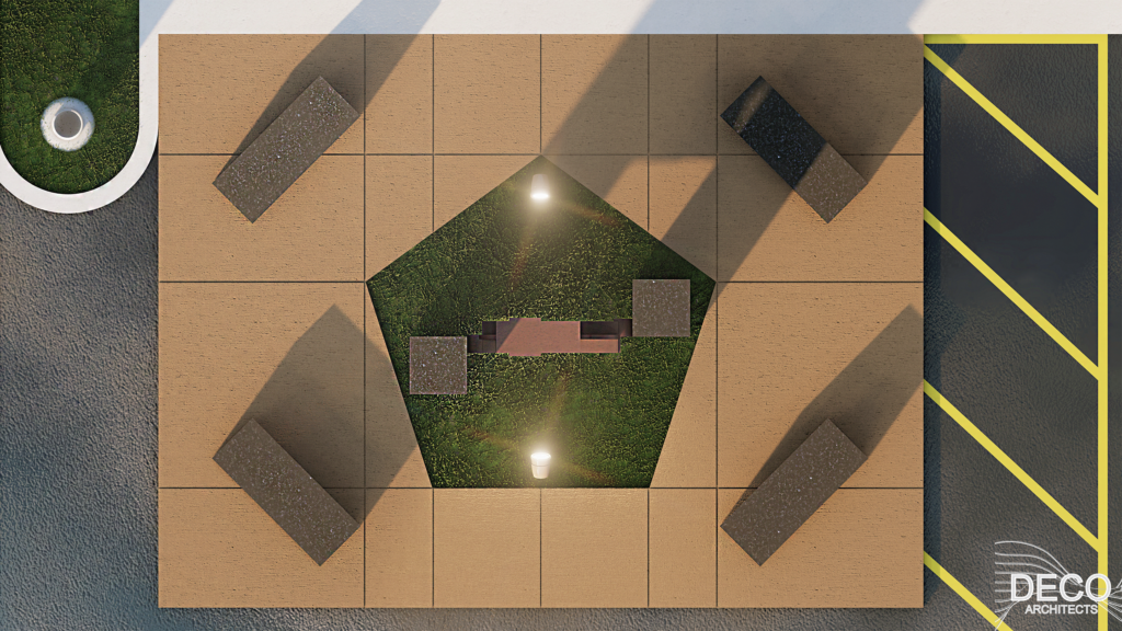 Aerial view rendering of a black granite memorial featuring steel from the Twin Towers