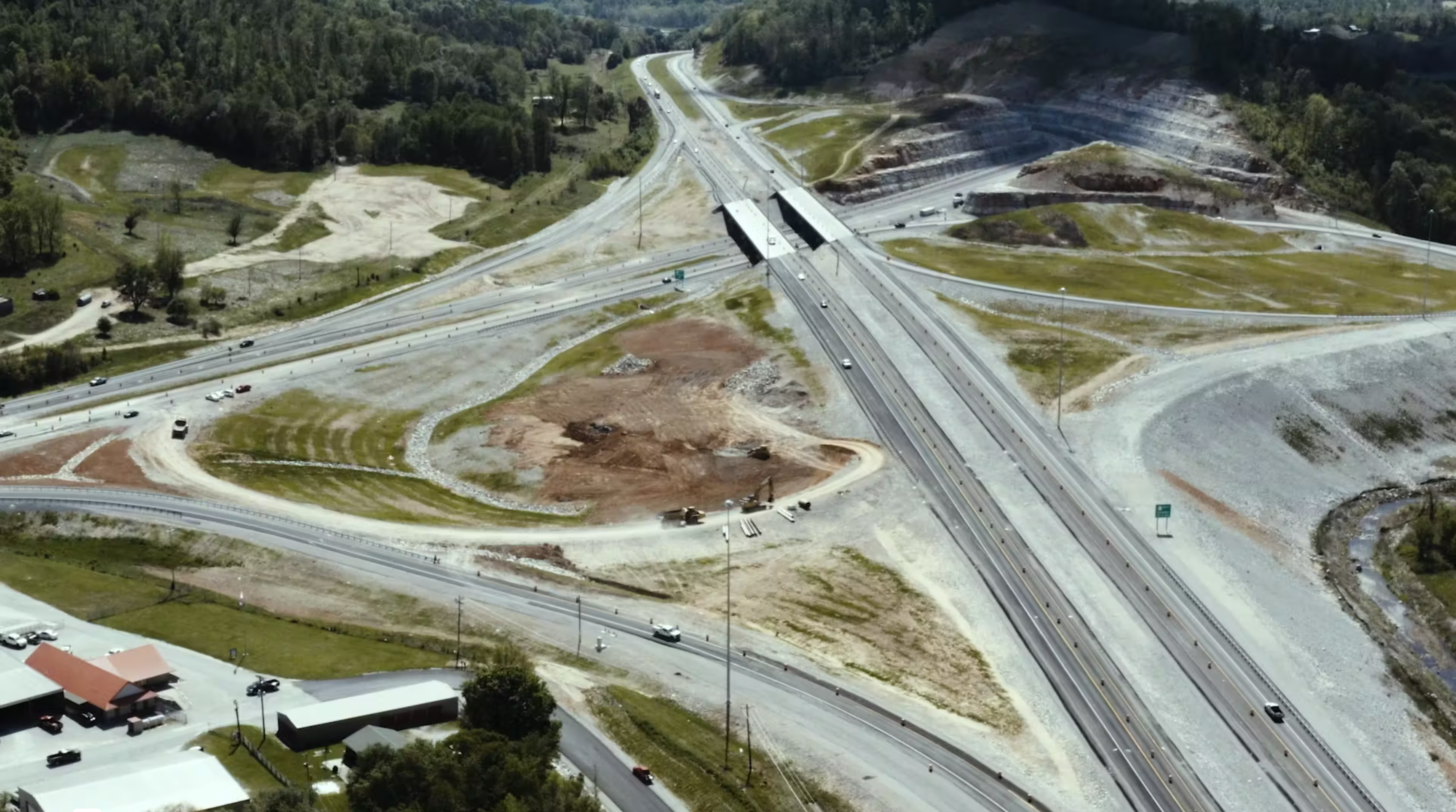 Overhead view of road construction of cloverleaf interchange