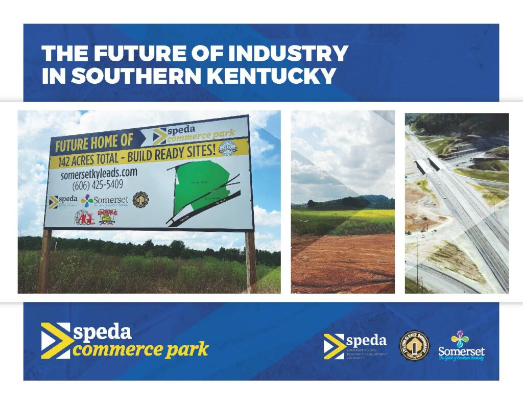Cover of a brochure for SPEDA Commerce Park with photos of land, roads and the title The Future of Industry in Southern Kentucky